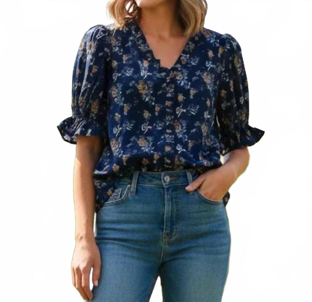 NEW SHE + SKY ruffle and roll print top in navy